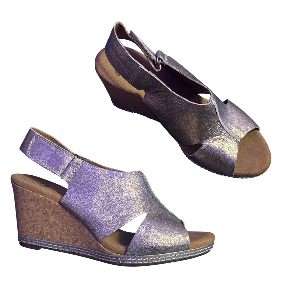 Clarks Collection Metallic Silver Leather Cork Wedge Slingback Sandals 6.5